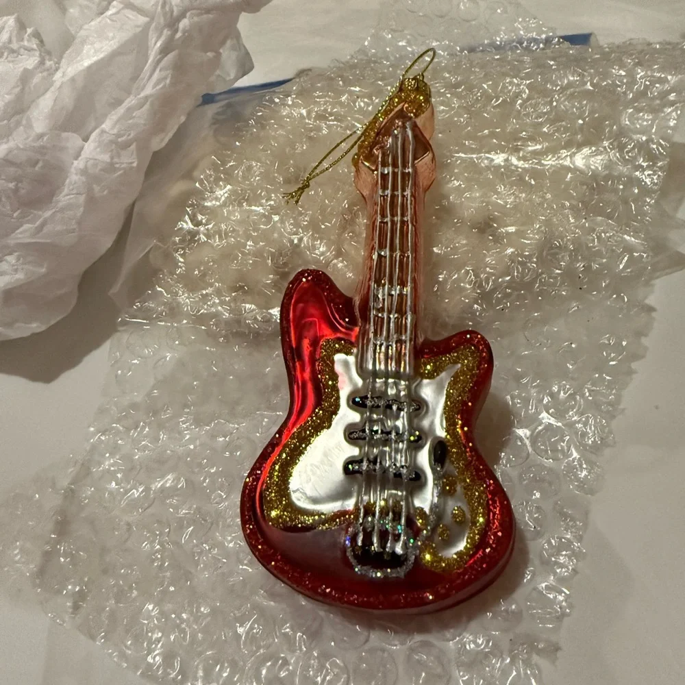 New Vintage West Elm Glitter and Glass Guitar Ornament, -6”,